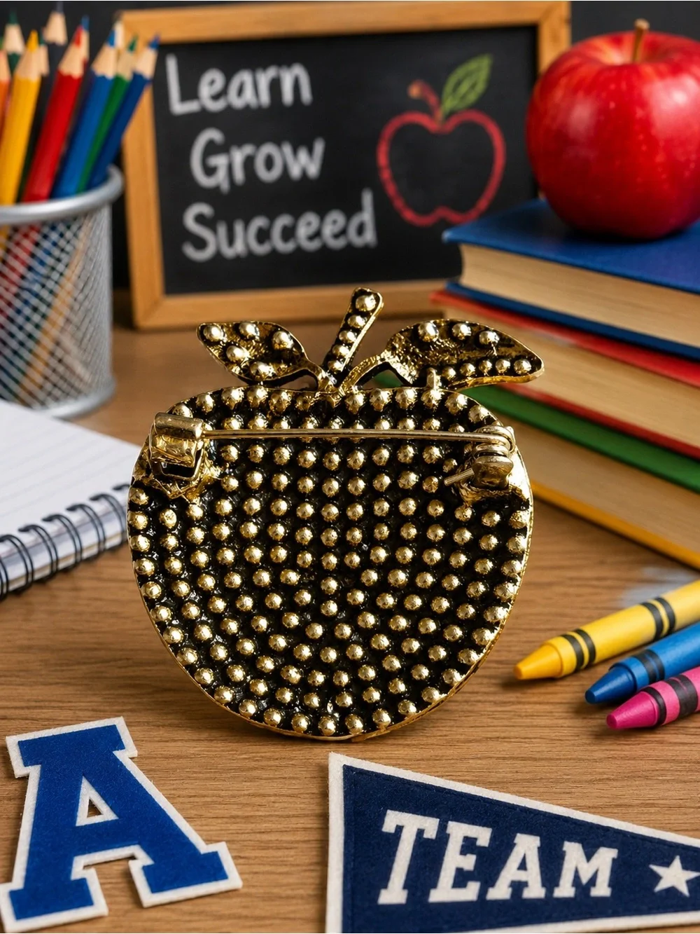 Sparkling green crystal apple accent brooch